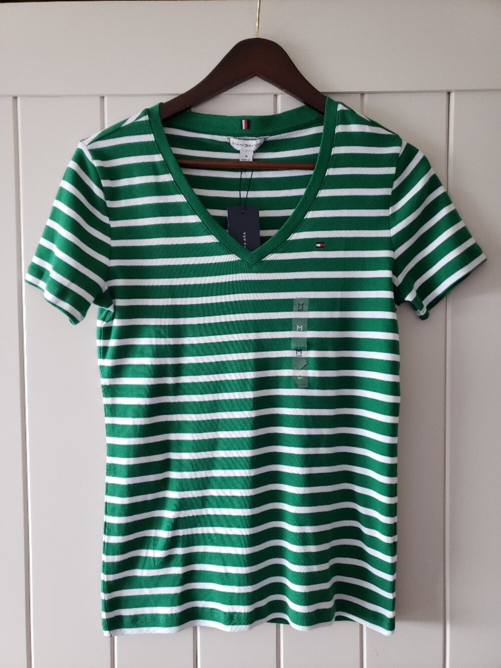 NWT - Tommy Hilfiger V-Neck Green And White Stripe 100% Cotton T-shirt - Size M